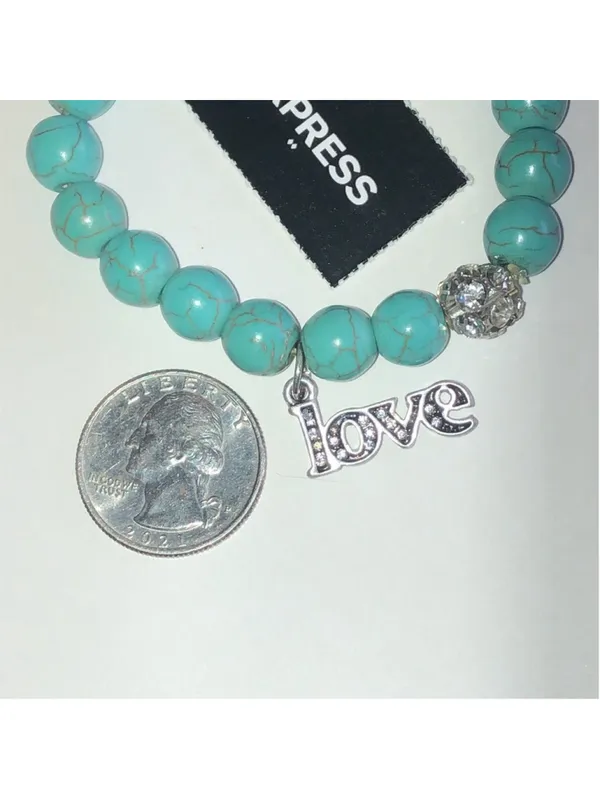 Express Turquoise Color Boho Beaded Bracelet with Silver Tone Love Charm - Image 3