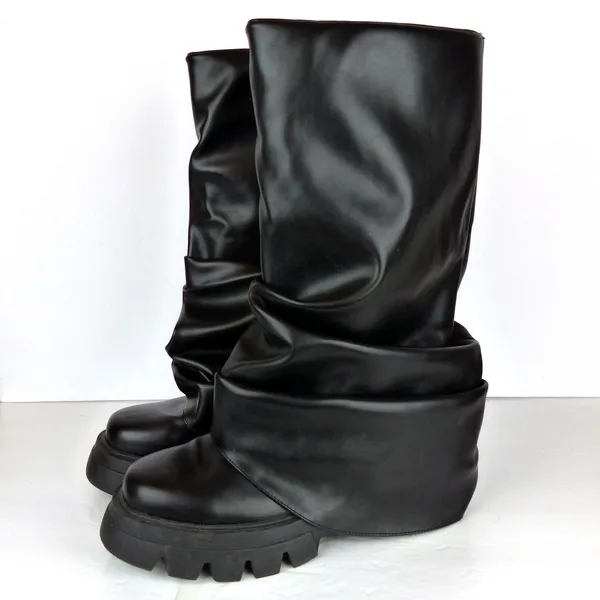Azalea Wang Mate Boots Womens 11 Black Ruched Mid Calf Lug Sole Moto Y2K Gothic - Image 9