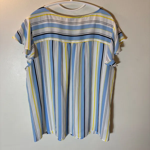 Loft Striped Flutter Sleeve Blouse Size XL Blue Yellow - Image 5
