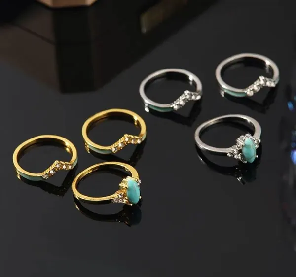 6pc 925 Rings For Men And Women Hip Hop Vintage Style Turquoise With Rhinestones - Image 2