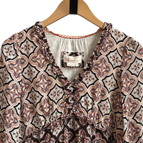 Anthropologie Mixed Print‎ Ruffle V Neck Long Sleeve Hi Low Mini Dress XS - Image 4