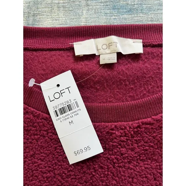 NWT! Loft Deep Wine Burgundy Sherpa Bubble Sweatshirt Medium - Image 4