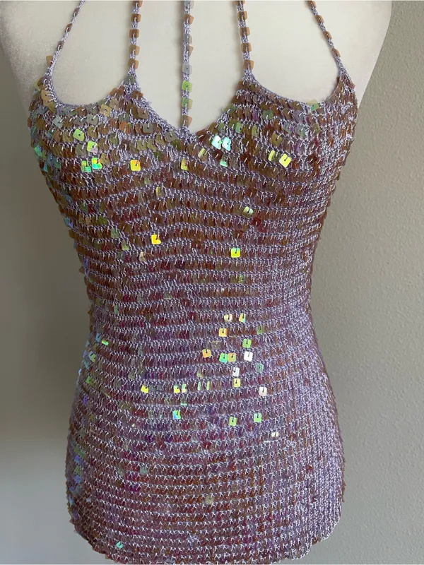 Sequined Lilac Crochet Halter Dress Top - Image 4
