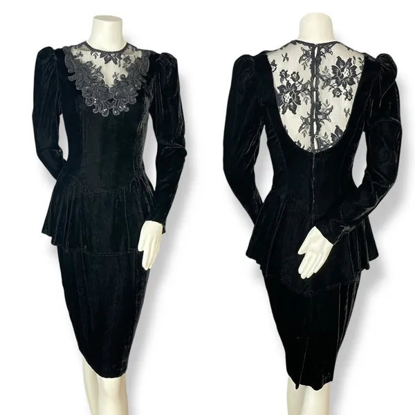 Vintage Scott McClintock Velvet Dress Lace Sequins Peplum‎ 80s 90s Drama Formal - Image 2