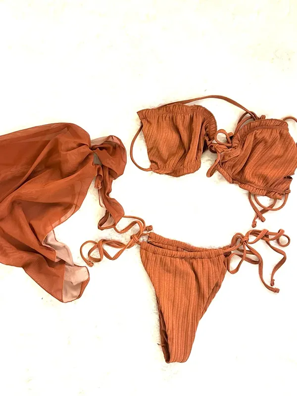 SHEIN Ribbed Burnt Orange Brown 3 Piece Tie Bikini Set Cover Up Sarong Medium - Image 2