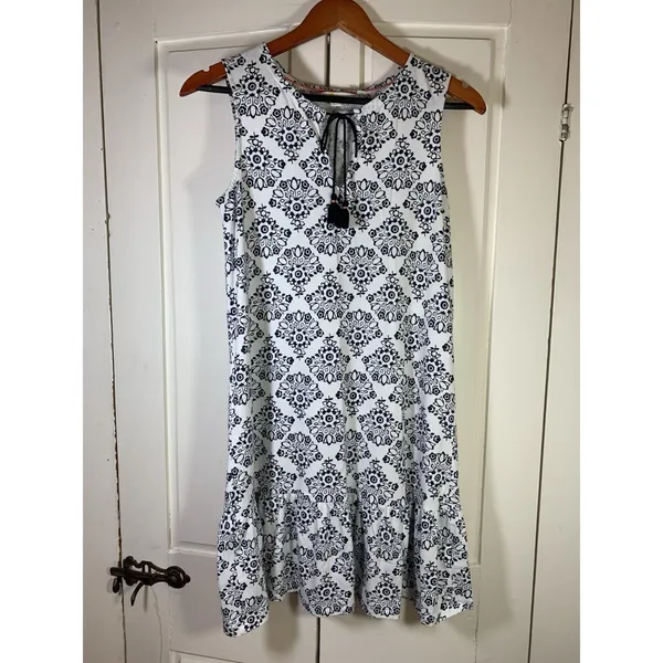 Boden Dress‎ US6R White Blue Floral V-Neck Tassel Sleeveless Ruffle Boho Peasant - Image 2