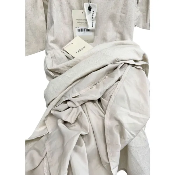 Miou Muse Linen Blend Tie Shoulder Mini Dress Oatmeal Beige Small Boho NWT - Image 11