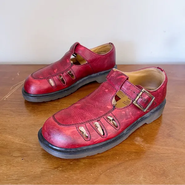 Dr Martens • vintage 8251 t-strap mary janes cutout sandals red leather England - Image 2