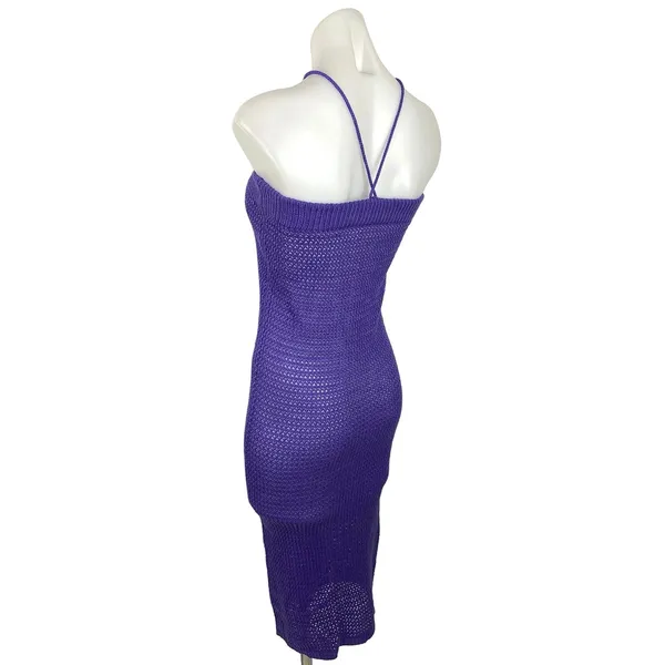 Womens Purple Open Knit Crochet Halter Bodycon Summer Swim Coverup Dress Size M - Image 3