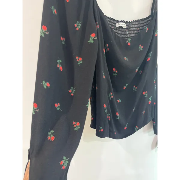 Reformation Pinto Black Long-Sleeve Rose Print Square-Neck Top Sz 10 - Image 5