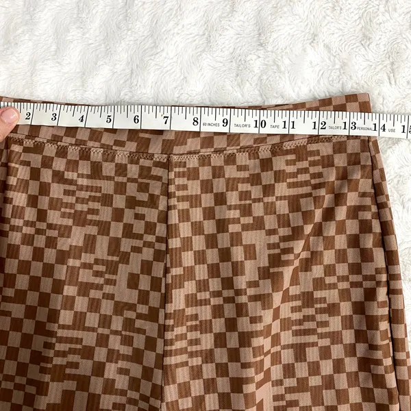 White Fox Boutique Brown Checkered High Rise Mesh Pull On Flare Pants M - Image 6