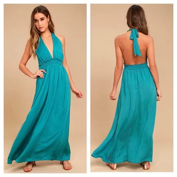 Lulus Unforgettable Night Maxi Dress XS Teal Blue Satin Halter Open Back Beach - Image 2
