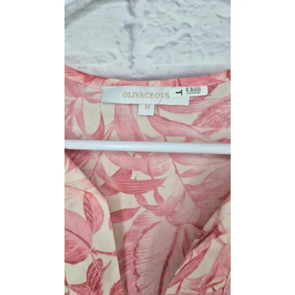 OLIVACEOUS Pink Tropical Toile Floral Tiered Mini Dress Cotton Tassel Boho Med. - Image 8