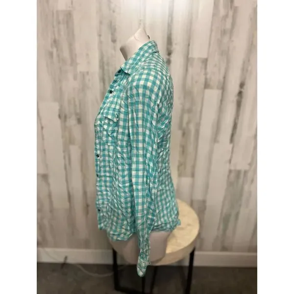 Maurices Turquoise Blue Gingham Plaid Button Down Shirt Womens Size Medium M Lon - Image 3