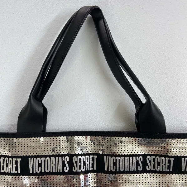 Victoria's Secret black‎ silver sequin striped large tote bag purse zip lined - Image 3