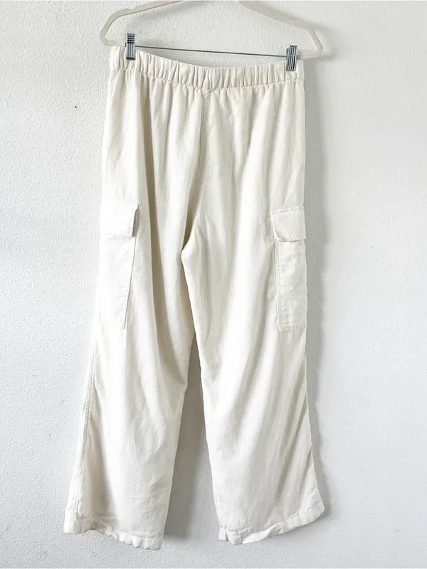Calvin Klein Ivory Linen Blend Pull On Wide Leg Cargo Pants - Image 7