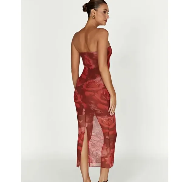 Meshki Aphrodite Strapless Mesh Dress Red Rose Floral Print Midi Bodycon Size XS - Image 2