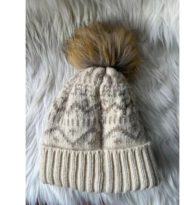 Ariat Women's Cream Knit Beanie Hat with Faux Fur Pom Pom - Image 3