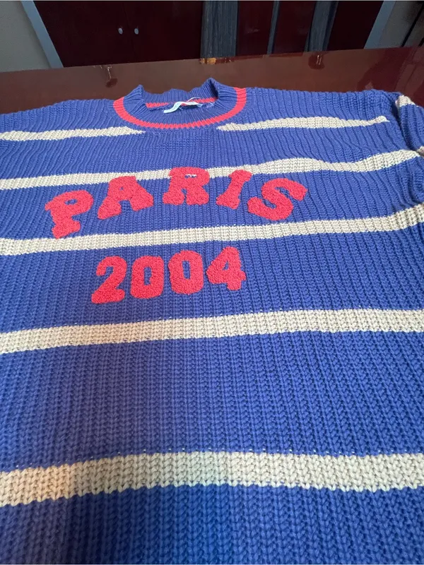 Altar'd State Striped Chunky Knit Fisherman Sweater Slouchy Blue Beige Size M - Image 5