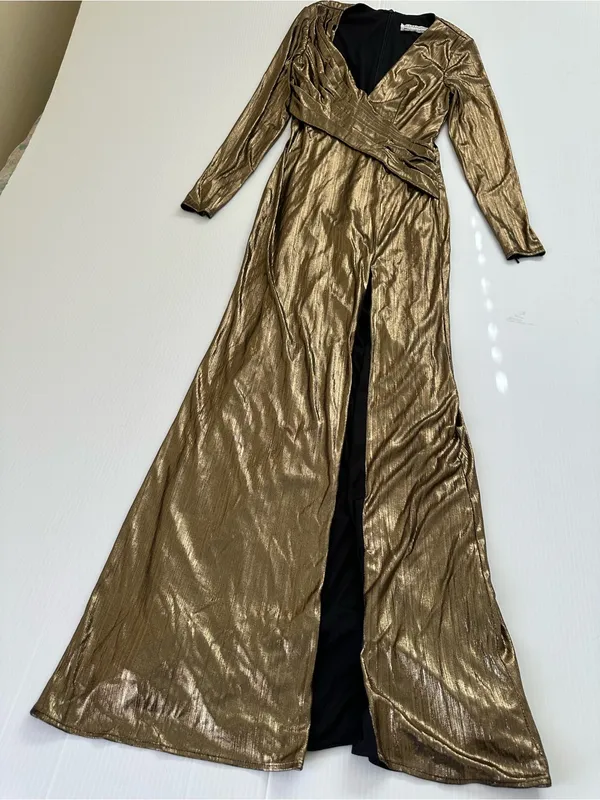 Mac Duggal Metallic Long-Sleeve Asymmetrical Ruched Gown IEENA Collection, 0 - Image 5