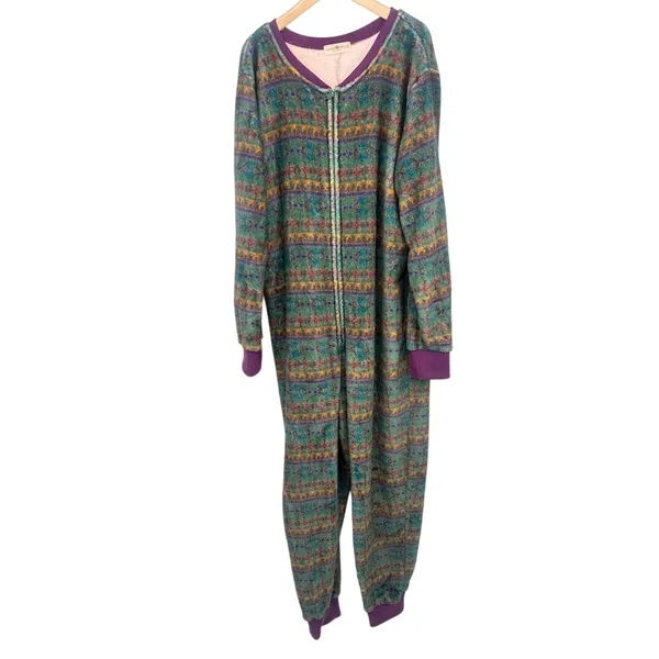 Natural Life Pajamas One Piece‎ Fleece Union Suit Womens Sz Large XL Purple Boho - Image 2