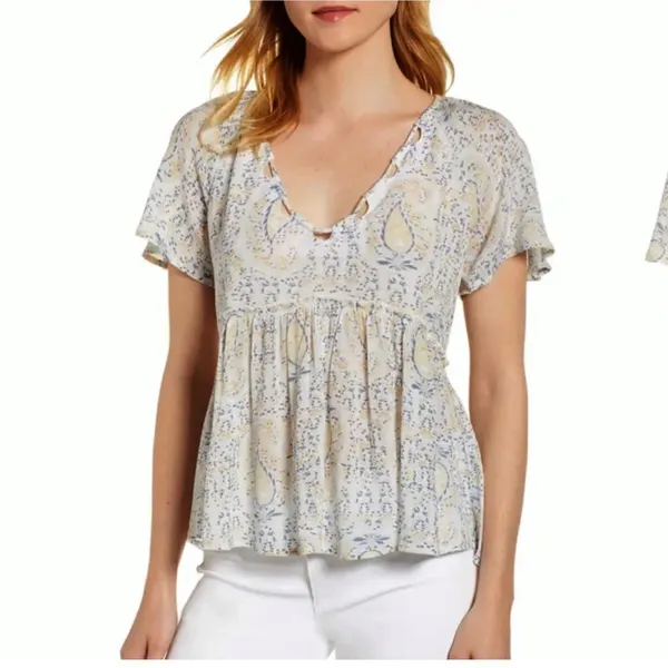 Lucky Brand Pastel Paisley Floral Print Peplum Top M - Image 11
