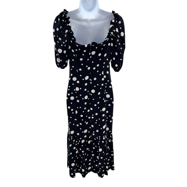 Lovers + Friends Dennis Midi Dress‎ Black White Polka Dot Ruffle XXS Puff Sleeve - Image 5