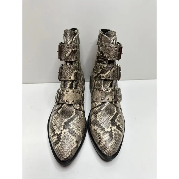 STEVEN NEW YORK Beige Snake‎ Buckle Accent Studded Hazan Almond Toe Block Heel - Image 6