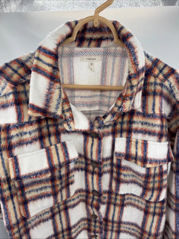 Maurices Lightweight Striped Jacket shacket in White, Blue, Orange plaid L fall - Image 6