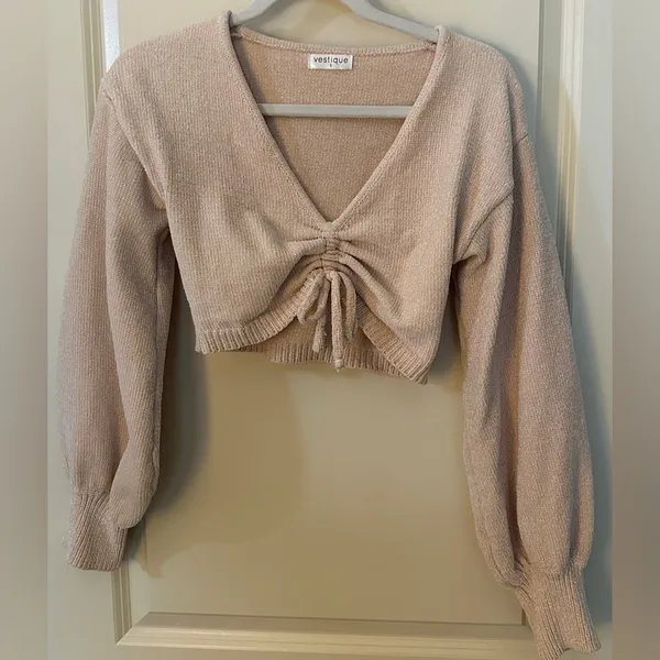 Vestique Boutique Cropped Tie V-neck Cinched Tan Sweater Women's Sz Small - Image 4