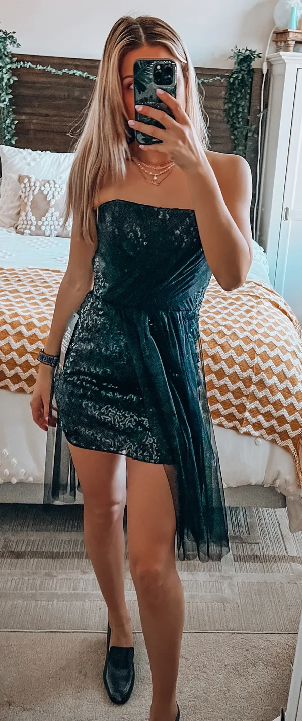 BCBGMAXAZRIA Black Sequin Strapless Dress With Tulle - Image 2