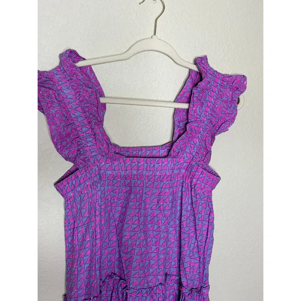 Uncle Frank Purple Boho Mini Dress Ruffle Sleeve Cotton Pockets Small - Image 4