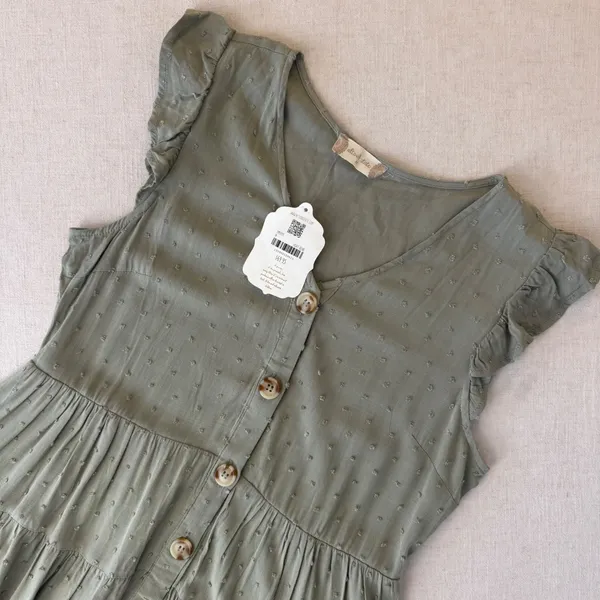 Altar'd State Light Olive‎ Swiss Dot Button Front Mini Dress Boho M nwt - Image 14