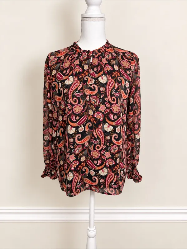 LOFT Paisley Ruffle Neck Long Sleeve Blouse Black Pink Boho Women’s Small - Image 2