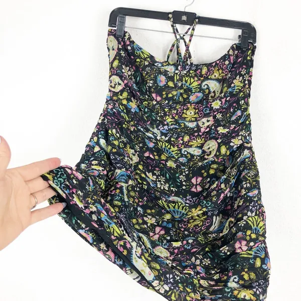 ZARA Floral Mini Dress Large Ruched Bodycon Halter Sweetheart Paisley Print - Image 11