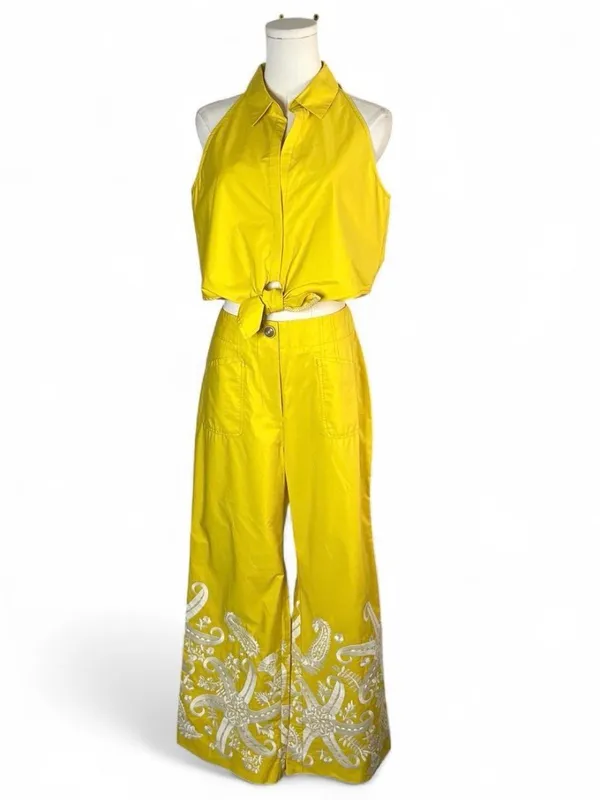 Maeve Tie Front Sleeveless Top & Embroidered Wide Leg Pant Set - Image 4