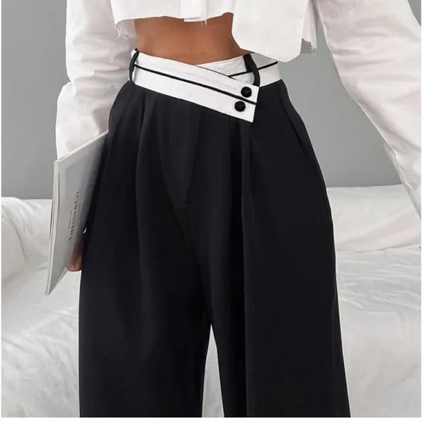 Asymmetrical Contrast Waistband Wide Leg Dress Pants - Image 3