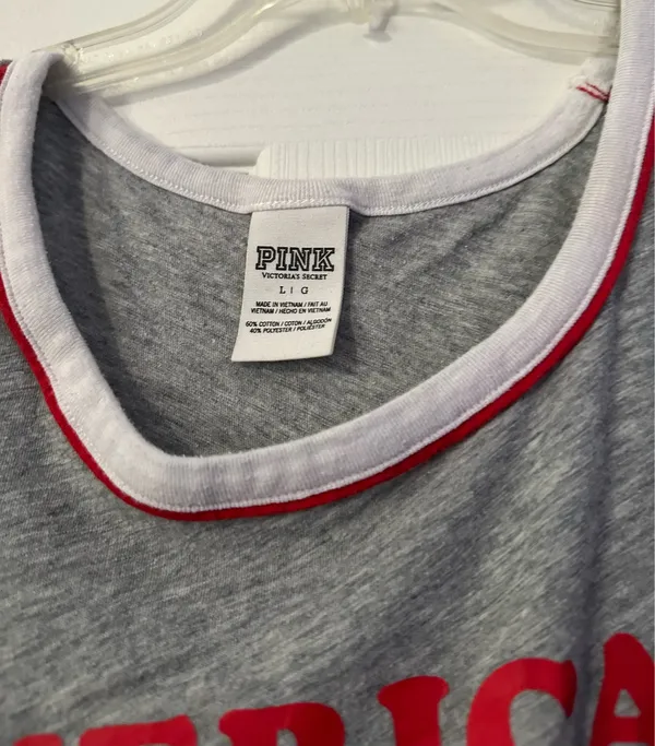 PINK Victoria's Secret Gray Tank red & white is a size Large. - Image 2