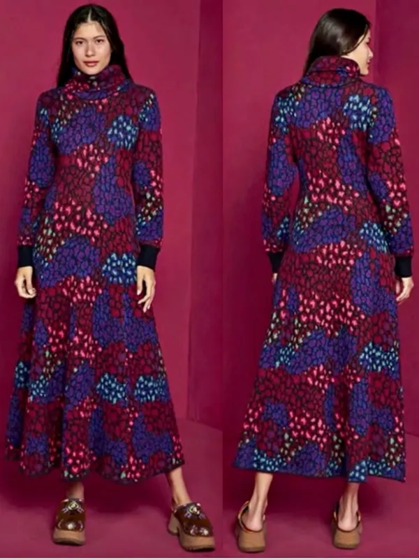 FARM RIO LEOPARD MIX DOUBLE KNIT TURTLENECK SWEATER DRESS size XS EUC - Image 2