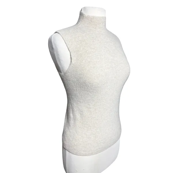 Women’s Cashmere Cream Mock Neck Sleeveless Sweater Knit Shell - Image 2
