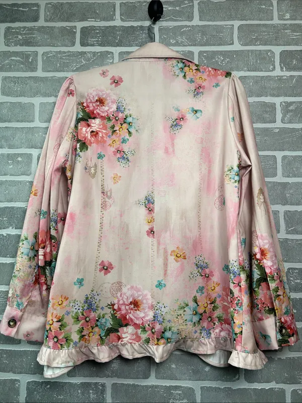 CherryBetty Pink Floral Ruffle Button Front Jacket Blazer Med Cottagecore Romant - Image 5