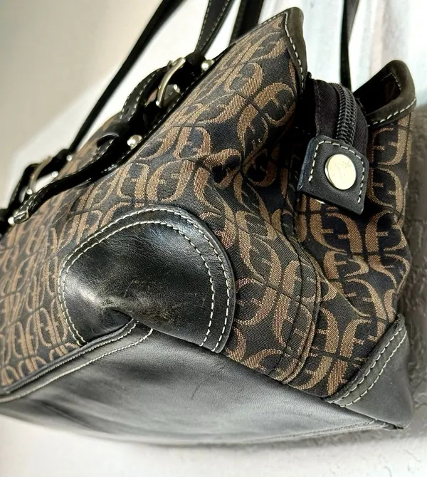 Fossil Brown Black Monogram Jacquard Leather Satchel Bag Y2K - Image 6