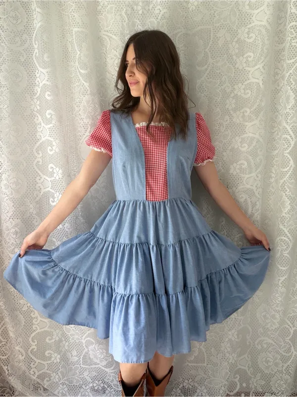 Vintage Handmade Blue Red Gingham Prairie Dress Cottagecore Puff Sleeve - Image 12