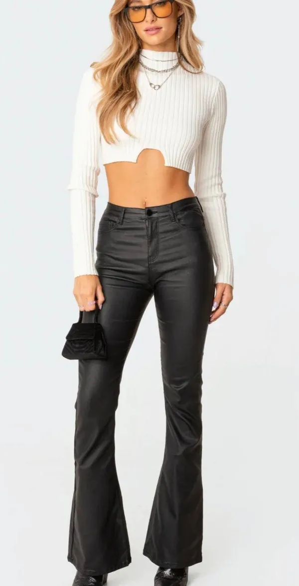 Edikted Black Leather Flare Pants - Image 2