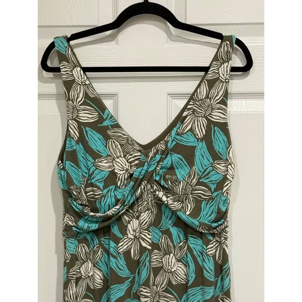 Tommy Bahama Floral Twist Front V-Neck Dress Olive Turquoise‎ White Size L - Image 2
