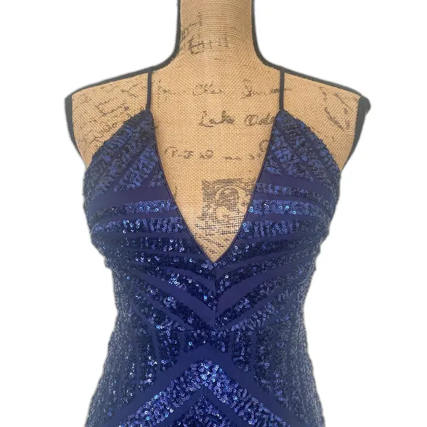 PromGirl Royal‎ Blue Sequin Bodycon Mini Dress Plunge V-Neck Lace Up Back Small - Image 2