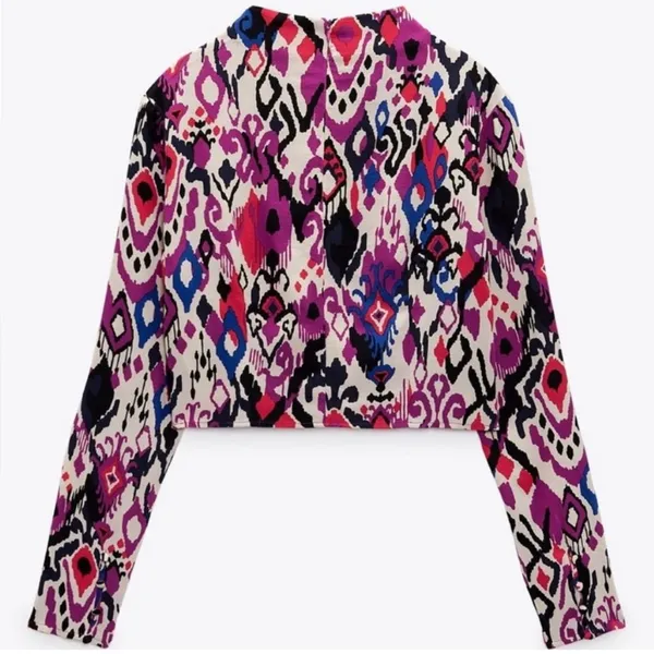ZARA Abstract Print Mock Neck Long-Sleeve Crop‎ Top Size Small Pink Purple Blue - Image 7