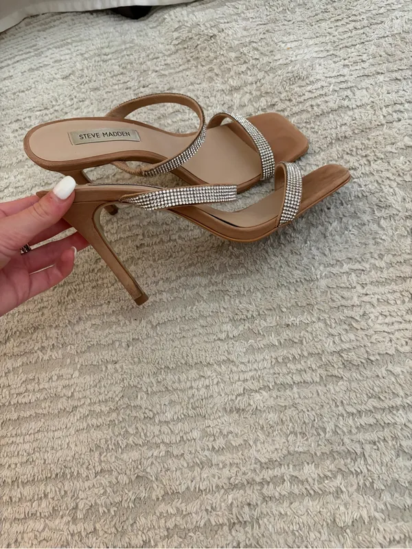 Steve Madden Nude/Tan Rhinestone Double-Strap Heeled Sandals - Image 2