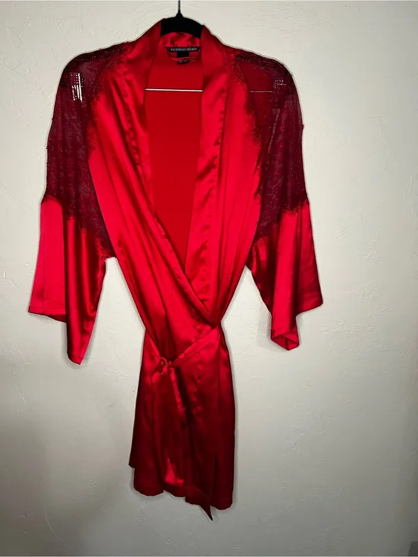 Victoria's Secret Red Satin Lace Chemise Slip Dress & Robe 2 Piece‎ Lingerie Set - Image 12