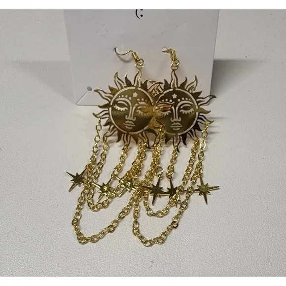 Gold Sun Face Dangle Earrings Celestial‎ Star Chain Drop Boho Jewelry new - Image 3